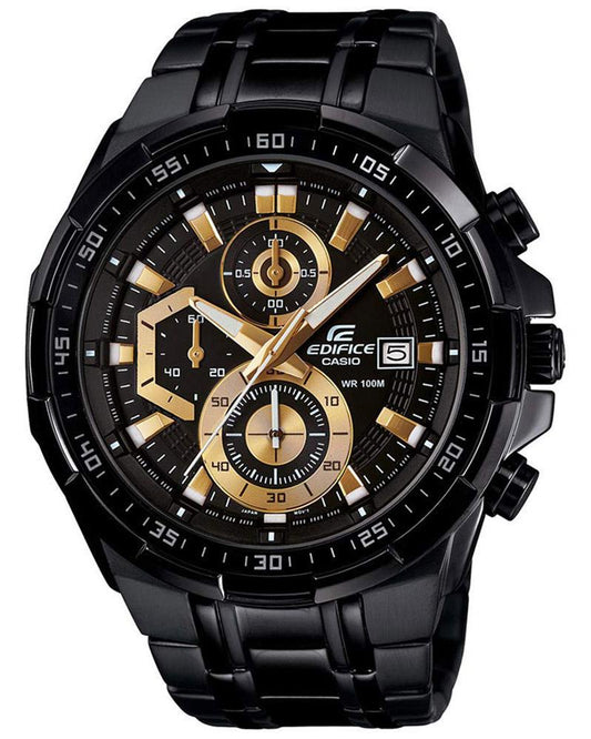 Chronograph Black & Gold Watch – 100M Water Resistant, Stainless Steel Band