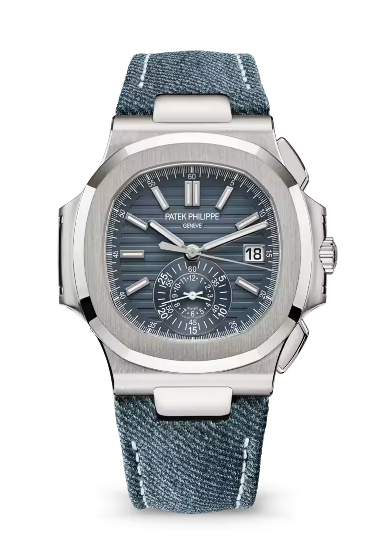 Nautilus-Inspired Flyback Chronograph – White Gold Monocounter Watch with Blue-Gray Dial