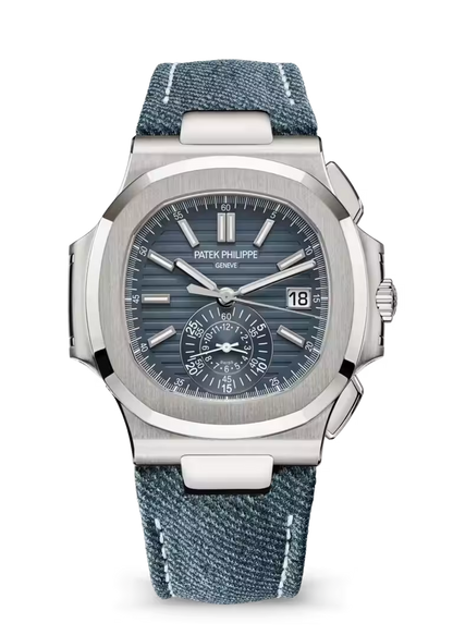 Nautilus-Inspired Flyback Chronograph – White Gold Monocounter Watch with Blue-Gray Dial