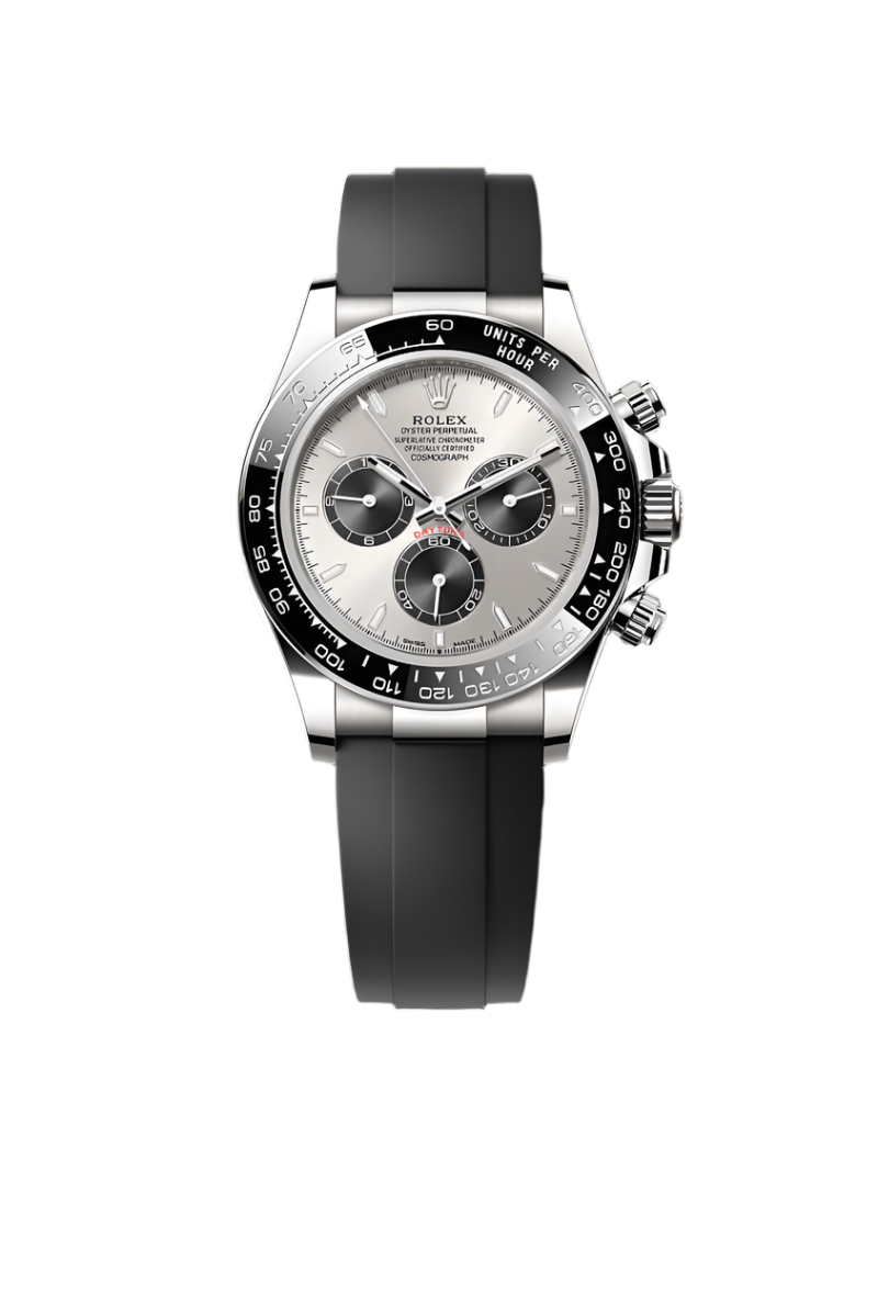 Cosmograph Daytona 40MM – White Gold Dial, Rubber Strap & Pure Steel Case